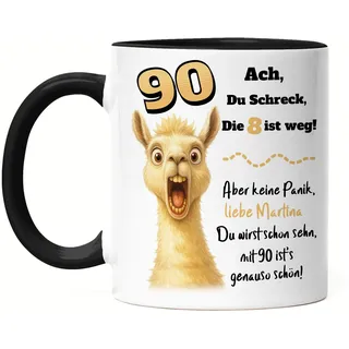 Tasse 90. Geburtstag - Personalisiert mit Namen - Lustiger Spruch Ach du Schreck, die 8 ist Weg" - Geschenk für Männer & Frauen 90 Jahre - Tasse Schwarz