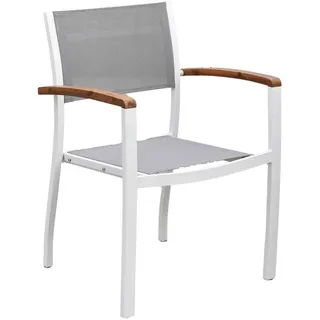 Gardenson Stapelsessel, Grau, Natur, Weiß, Holz, Metall, Textil, Akazie, massiv, Uni, eckig, U-Form, 59x85x56 cm, Gartenmöbel, Gartenstühle, Gartenstühle stapelbar