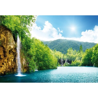 Forwall - Vlies Fototapete Wald Wasserfall Natur Bäume Landschaft See 312x219 cm - Fototapeten - Tapeten - für Wohnzimmer Schlafzimmer - Vliestapete Wandtapete Tapete 3D Effekt- inkl. Kleister