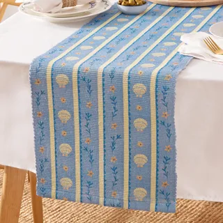 furn. Sea Shells Tischläufer – Waschbar Maritim Gestreift Schnelltrocknend Tischdekoration (Blau – 180x35cm)