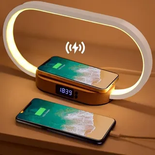 Nachttischlampe Mit Kabelloser Ladefunktion, Touch-steuerung Und Usb-anschluss, Induktionsladegerät Mit Uhr, Tischlampe Mit 3 Farbmodi Und Dimmbarer Helligkeit, Holz & Weiß
