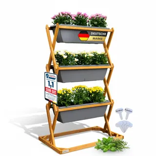 greenspire Hochbeet Balkon aus Holz, 3 Etagen mit Drainagesystem – Kräuterbeet, vertikaler Garten mit Wasserstandsanzeige für optimale Bewässerung – vormontiert – für Balkon oder Terrasse (Anthrazit)