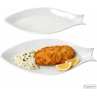MamboCat Speiseteller 2x Fischteller OSLO weiß Porzellan 31x15cm Fischform Servieren Sushi weiß