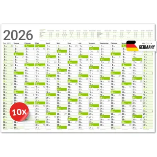 PRIMUS PRINT XXL Kalender 2026 – Plakatkalender 2026 – Wandkalender in Postergröße A1 (594x841 mm), Jahresplaner für 2026, Wandplaner in Blau oder Grün – Gerollt [ 10er Set-Grün ]