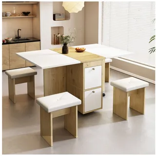 MODFU Essgruppe Esstisch-Set, Klappbarer Tisch, (1 Tisch, 4 Stühlen), Mit Riemenscheibe, Ausziehbarer Esszimmertisch, 120*80*75cm weiß