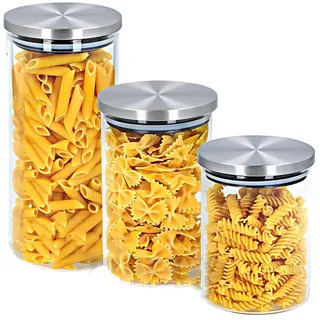 MURAGO - 3er Set Vorratsgläser mit Deckel aus Edelstahl - Vorratsdosen glas Vorratsbehälter luftdicht rund für Mehl Nudeln Müsli Candy Bar Kaffee Zucker