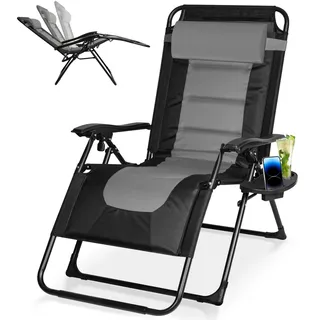 KaO0YaN Sonnenliege Klappbar bis 150kg, Verstellbarer Liegestuhl mit Nackenkissen & Getränkehalter, Ergonomische Gartenliege, Wetterfeste Relaxliege für Garten, Balkon & Strand (grau)