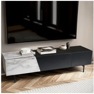 FINEBUY Lowboard FB56049 (Schwarz / Marmor-Dekor, 150x40x40 cm, zwei Türen), TV-Kommode Niedrig, TV-Schrank Modern Fernsehtisch weiß