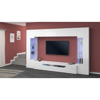 Dmora - Wohnzimmermöbel Clementino, Wohnzimmer-Set TV-Möbel mit 6 Türen, Mehrzweck-Wohnzimmermöbel mit LED-Beleuchtung, 100% Made in Italy, cm 290x40h191, glänzend weiß