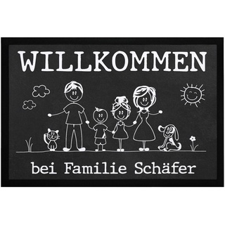 Fußmatte Familie 1, 2, 3 Kinder & mehr + Hund, Katze personalisiert mit Namen Strichmännchen SpecialMe® weiß 60x40cm
