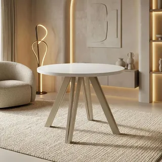 Runder Esstisch Ausziehbar 100–140 cm mit Holzbeinen aus Buchenholz in Kaschmir – Moderner Ausziehtisch für Esszimmer, Küche und Wohnzimmer ... - Weiß