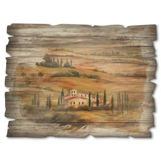 ARTland Wanddeko Bild aus Holz Holzbild vintage Deko 40x30 cm Landschaft Toskana Berge Tal Haus Kirche Felder Zypressen Mediterran Rustikal A5DM