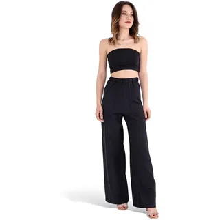 fashionshowcase Schlupfhose Damen High Waist Marlenehose weit elastisch Taschen schwarz 34