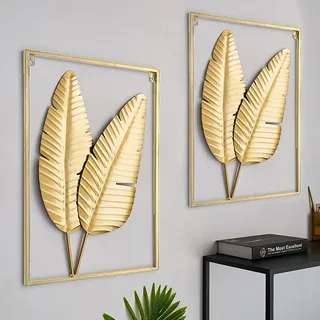 HKaikzo Goldfarbene Metall-Wanddekoration, 2er-Set, Blatt-Wandbehang, Heimdekoration mit Rahmen, moderne Wandkunst-Dekoration, Wandskulpturen für Wohnzimmer, Schlafzimmer, Büro, groß, 61x40.6 cm