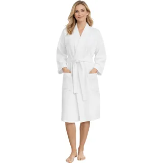 Morgenstern Bademantel Damen Leicht 100% Baumwolle OEKO-TEX® Waffelstoff Waffelpique Waffelmuster Paula Weiß L - L