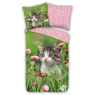 ESPiCO Kinderbettwäsche Jacky Trendy Bedding, Renforcé, 2 teilig, Katze, Blumen bunt
