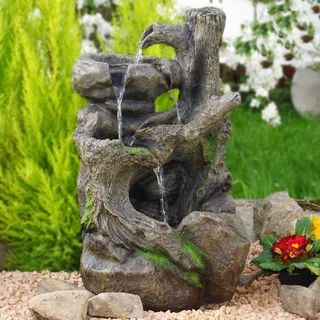 Gartenbrunnen Brunnen Zierbrunnen Zimmerbrunnen Springbrunnen Brunnen 230V Wasserfall Wasserspiel für Garten, Gartenteich, Terrasse, Balkon Sehr Dekorativ (BAUMWURZEL § Stein-Kaskade mit LED-Licht)