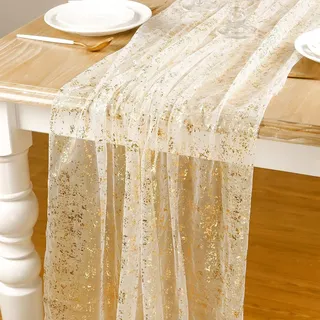 BSITSSS Tischläufer Gold 75 x 400 cm, Tischläufer Hochzeit Goldene, Tüll Tischband Tischdeko Hochzeit für Geburtstage Party Babypartys Kommunion Deko