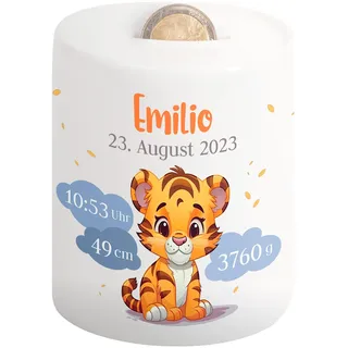 Kinder-Spardose mit Namen & Geburtsdaten personalisiert - Wolken-Motiv - Geldgeschenk für Neugeborenen & Baby - Sparschwein für Mädchen & Jungen - Geschenk zur Geburt, Taufe, Geburtstag (Tiger)