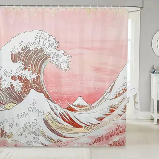 Loussiesd Rosa Japanische Welle Duschvorhang 180x200cm für Kinder Mädchen Jungs Fuji Berg Duschvorhang Japanische Art Duschvorhang Textil Exotische Duschvorhang Textil Raum Dekor Welle Muster