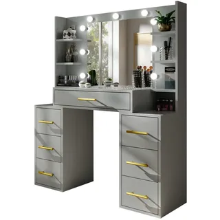 Bettso Schminktisch, Grau, Holzwerkstoff, Glas, 6 Fächer, 7 Schubladen, 110x140x40 cm, Schlafzimmer, Schminktische