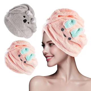 2 Stück Haarhandtuch, Schnelltrocknend, Saugfähig Haarturban Mikrofaser | Angenehm Handtuchturban mit Knopf für Frauen und Mädchen Alle Haartypen, Handtuch zum Trocknen der Haare, Grau und Rosa