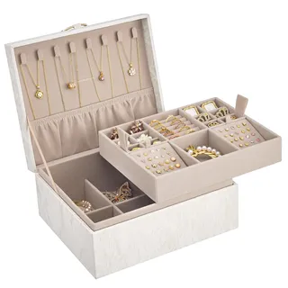 SONGMICS Schmuckkästchen 2 Ebenen, Schmuckkasten mit Griff, flexibles Schmucktablett, Schmuckbox, Schmuckaufbewahrung, schwebender Effekt, 20,5 x 24 x 11 cm, Geschenkidee, cremeweiß JBC165W101