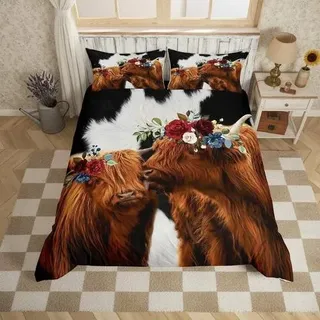 Bettwäscheset Highland Kuh 200x200cm mit 2 Kissenbezügen