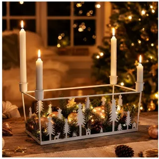 Online-Fuchs Kerzenständer - Stabkerzenhalter für 4 Stabkerzen - Adventskranz aus Metall in Weiß (zeitloses Design, Tischdeko), filigranes und modernes Winterwaldmotiv weiß