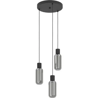 EGLO Cluster Hängelampe Maione, Pendelleuchte Rauchglas über Esstisch | 3-flammige Deckenlampe hängend aus Metall in Schwarz und Glas bedampft in Grau, E27 Fassung, Ø 30 cm