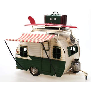 Wohnwagen aus Metall grün mit Rahmen und Spardose Camper Auto Oldtimer Nostalgie