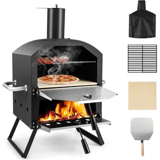 Goplus 2 in 1 Pizzaofen outdoor, Gartenofen aus Edelstahl mit Pizzagrill, Pizzaschaufel, Pizzastein für Party Camping Picknick, tragbarer Holzofen