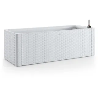 XL Pflanzkasten Rattan-Design Kunststoff, 100 x 43 x 33 cm (Weiß) | Mit Wasserspeicher und Wasserstandsanzeige; pflegeleichter Blumenkasten für Balkon, Terrasse und Garten