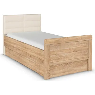 Rauch Stauraumbett RAUCH "Bett Einzelbett Stollenbett Bettkästen EVELYN", braun (eiche sonoma), B:109cm H:100cm L:214cm, Betten, Stauraumbett, in Komforthöhe mit Polsterkopfteil sowie Schubladen MADE IN GERMANY