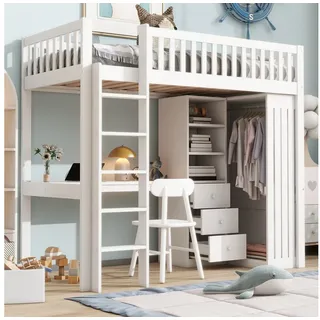 Odikalo Hochbett Kinderbett 90x200 140x200 mit Schreibtisch Stauraum (Hochbett, 90x200 cm 140x200 cm, Schreibtisch, Kleiderschrank, 3 Schubladen, offener Stauraum, Geländer, Treppe, Ohne Matratze) 95 cm x 205 cm x 180 cm