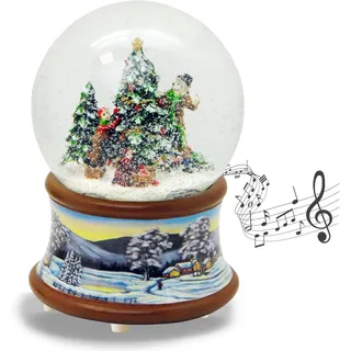 Weihnachts-Schneekugel mit Musik | Schneekugel Christbaum schmücken | Sockel Winterlandschaft braun | 100mm breit, 140mm hoch | mechanische Spieluhr | Weihnachtsdekoration | 20194