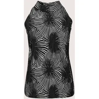 Kurzarmshirt MADELEINE "Shirt Print-Neckholder mit Stehkragen und gerader Form", Damen, Gr. 44, schwarz (schwarz, weiß), Obermaterial: 95% Polyester PES. 5% Elasthan EL., Modern, gerade, Shirts, Stehkragen mit Knöpfen