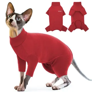 Fleece Katzenpullover, Katze Mantel Weiche und Warm Winter Kleidung Katzen-Pyjama Overall Rollkragen Kaltwettermäntel Herbst und Winter Kätzchenkleidung(Rot, XL)