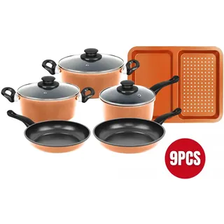 Herzberg Cooking Kochtopfset mit Glasdeckel, Topfset mit Backblech, Kupfer, 9tlg, Pfanne + Kochtopf, Schwarz, Kupfer