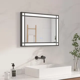 AQUABATOS LED Badspiegel mit Beleuchtung 50x70 cm Fensteroptik Fensterspiegel Lichtspiegel Badezimmer Aluminium Schwarzer Rahmen Dekospiegel Industrial Style Touch Dimmbare Kaltweiß Beschlagfrei