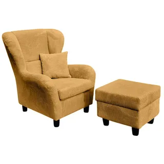 luma-home Ohrensessel mit Hocker Cord 90 x 98 x 76 cm Gold Ockergelb