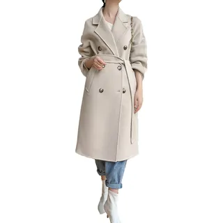 MASUCOR Wollmantel Damen Winter Mantel A-linie Wintercoat mit Gürtel Lang Winterjacke Revers Zweireihiger Coat Knielang Trenchcoat Winter Elegant Jacke Outwear(Beige,M) - M
