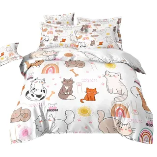 Cartoon Katze Bettwäsche 135x200cm, Faules und Süßes Katzenmuster Bettwäsche Set, Geeignet für Die Raumdekoration von Jungen und Mädchen, Mikrofaser Bettbezug mit 1 Kissenbezug, Weich und Bequem