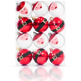 12 Stück 6CM Weihnachtskugeln, Weihnachtsmuster, Kunststoffkugeln, Kugeln zum Aufhängen, Weihnachtsbaumfest, Party und Hochzeitsdekoration (Rot & Weiß)