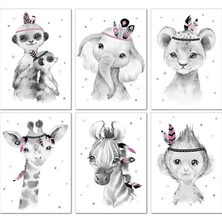 LALELU-Prints Bilder Kinderzimmer Poster Babyzimmer Deko Mädchen Jungen Kinderbilder Set Kinderzimmerbilder (Indianer rosa 6er Set)