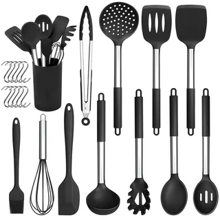 Herogo Silikon Küchenhelfer Set, 22-teiliges Schwarz Kochutensilien Kochbesteck Set with Utensilienhalter, Hitzebeständiger Küchenutensilien mit Edelstahlgriff, Antihaft & Gesund