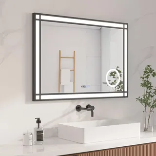 AQUABATOS LED Badspiegel mit Beleuchtung und Uhr 100x70 cm Fensteroptik Fensterspiegel Lichtspiegel Aluminium Schwarzer Rahmen Dimmbare Kaltweiß Beschlagfrei Schminkspiegel 3-Fach Vergrößerung