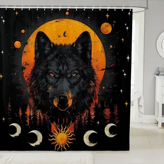 Homewish Gothic Wolf Stoff Duschvorhang Sonne und Mond Sterne Badezimmer Duschvorhang,Gothic Woodland Tiere Bad Vorhang 180Bx200L,Exotische Wildlife Boho Badezimmer Dekor