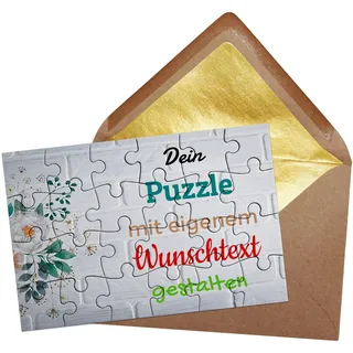 Puzzle selbst gestalten mit Text - 24 Teile Puzzle Personalisieren mit Wunschtext, inkl. Briefumschlag mit Gold-Inlay | Hintergrund Backsteinwand mit Blumen