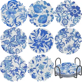 8 Stück Diamond Painting Untersetzer mit Halter - DIY Diamant Painting Set für Erwachsene & Kinder - Rund Mandala & Hund Motive Tassenuntersetzer